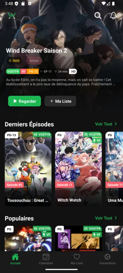 Interface principale de WawAnime - Application de streaming anime VF